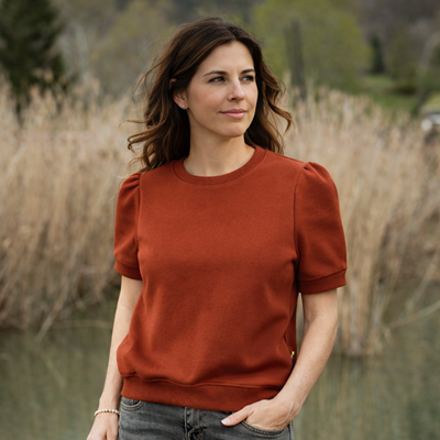 Sweat à manches courtes froncées femme Rouille T.36 - Photo 5