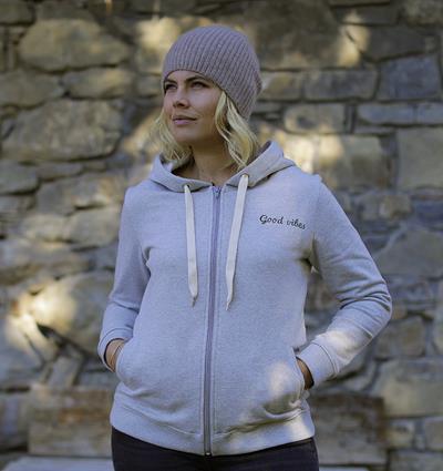 Sweat capuche zippé femme coloris Gris clair chiné Good vibes - Photo 1