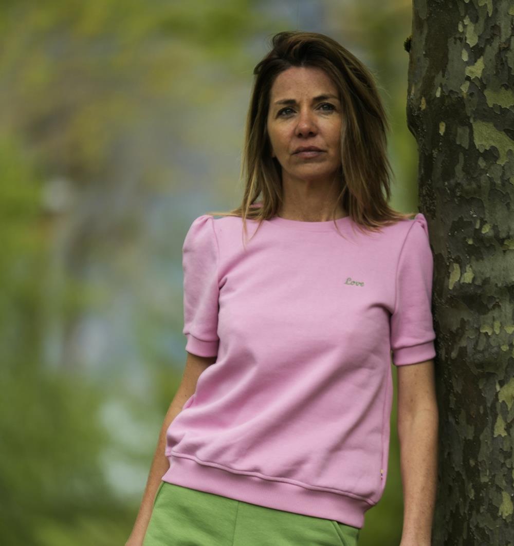 Sweat &#224; manches courtes fronc&#233;es femme Rose bonbon Love T.36