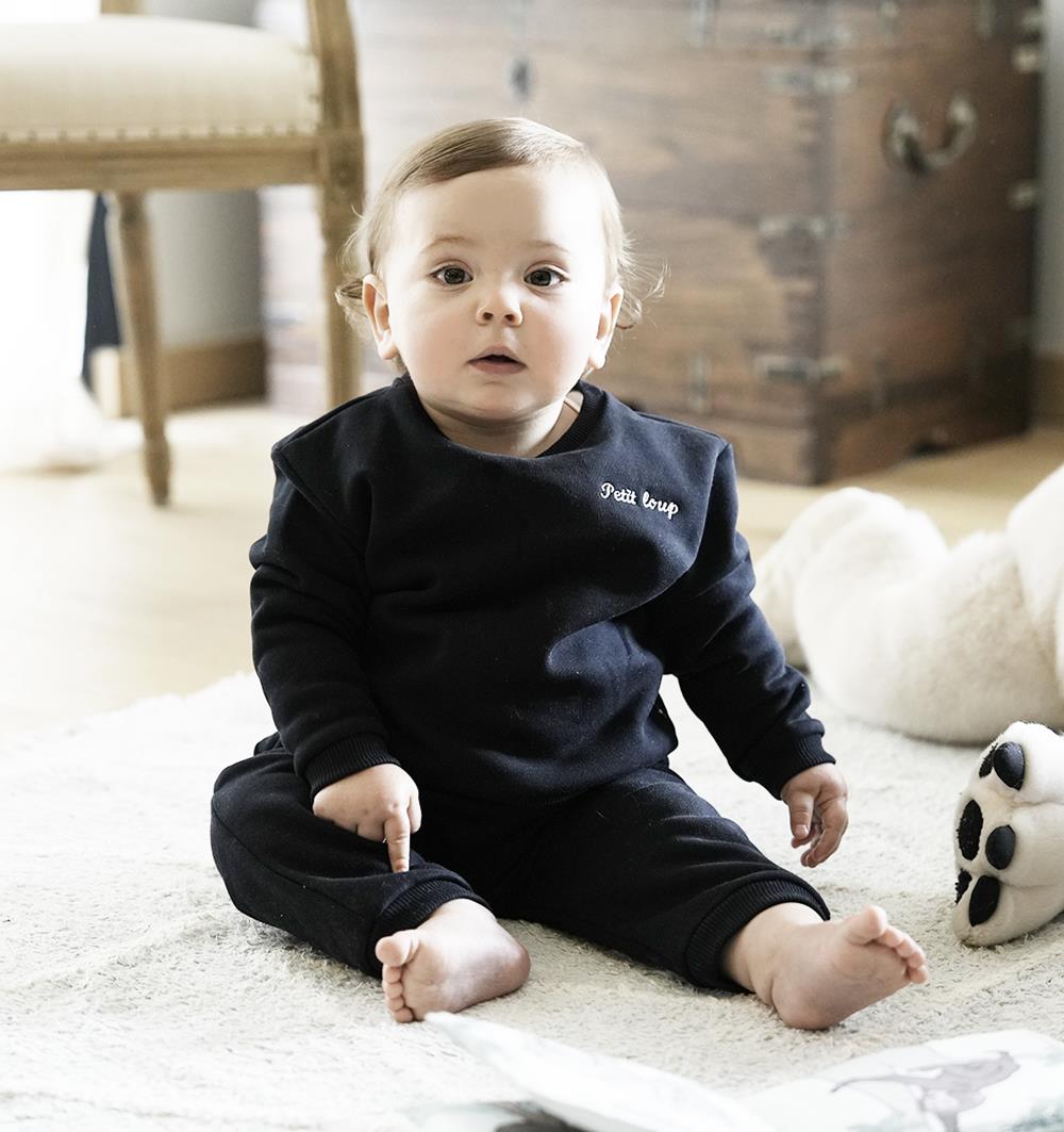 Ensemble en sweat baby coloris Marine "Petit loup" T.24m